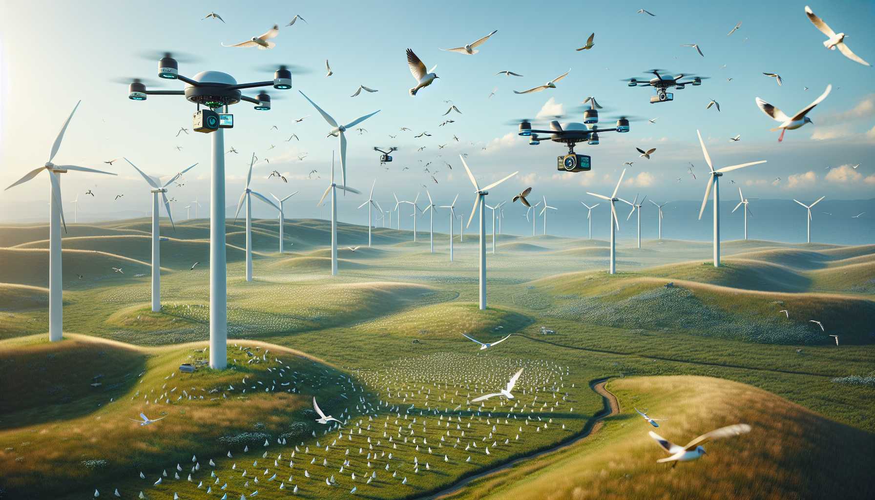 A serene wind farm where AI-driven drones monitor bird populations, showing a harmonious blend of technology and nature preservation.