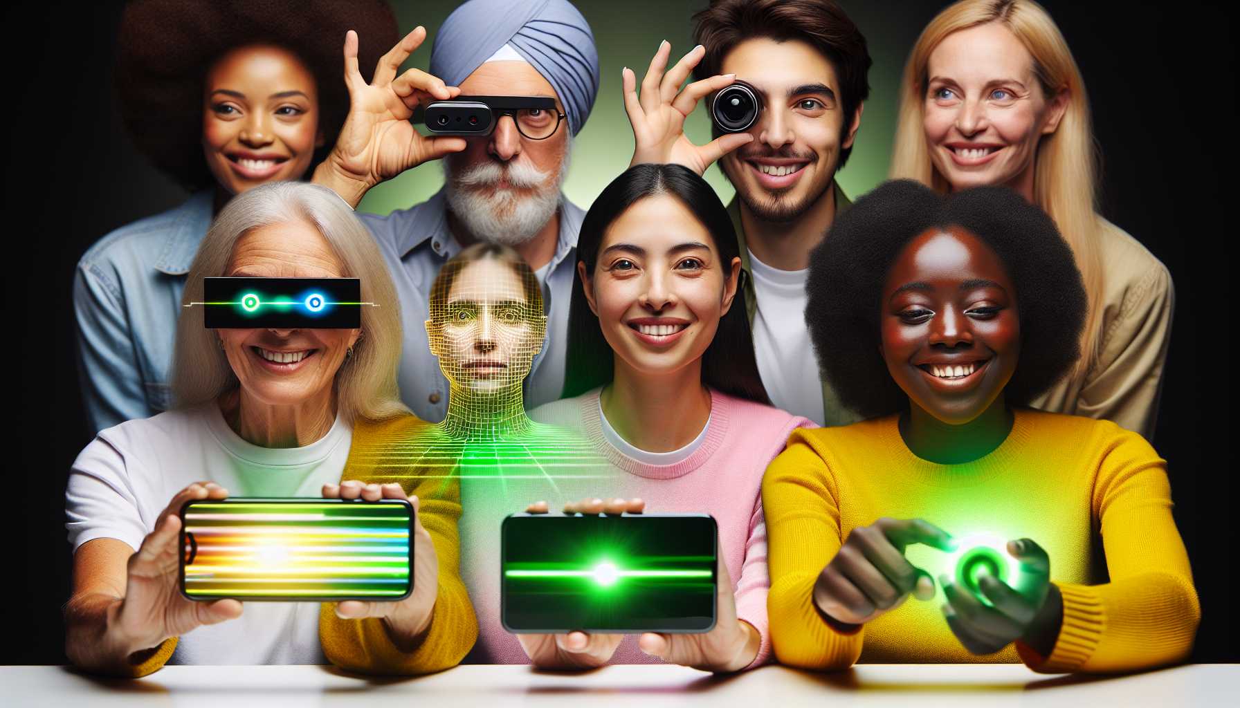 A diverse group of people using Apple devices with new accessibility features clearly represented, such as eye-tracking and haptic feedback.