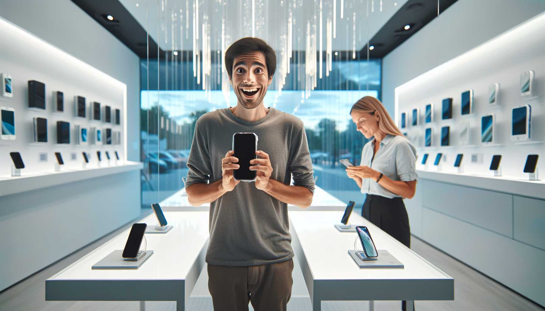 an excited person trading in an old smartphone at an Apple store