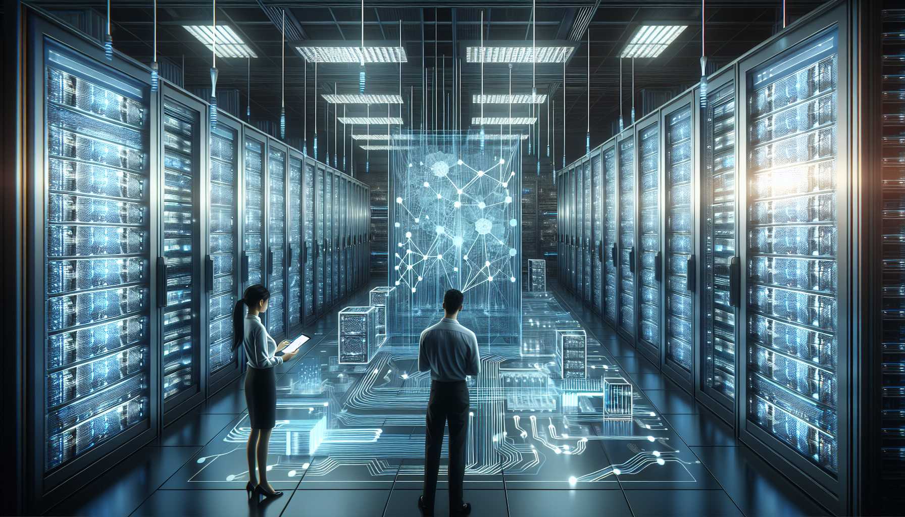 A futuristic data center with servers and AI integrations