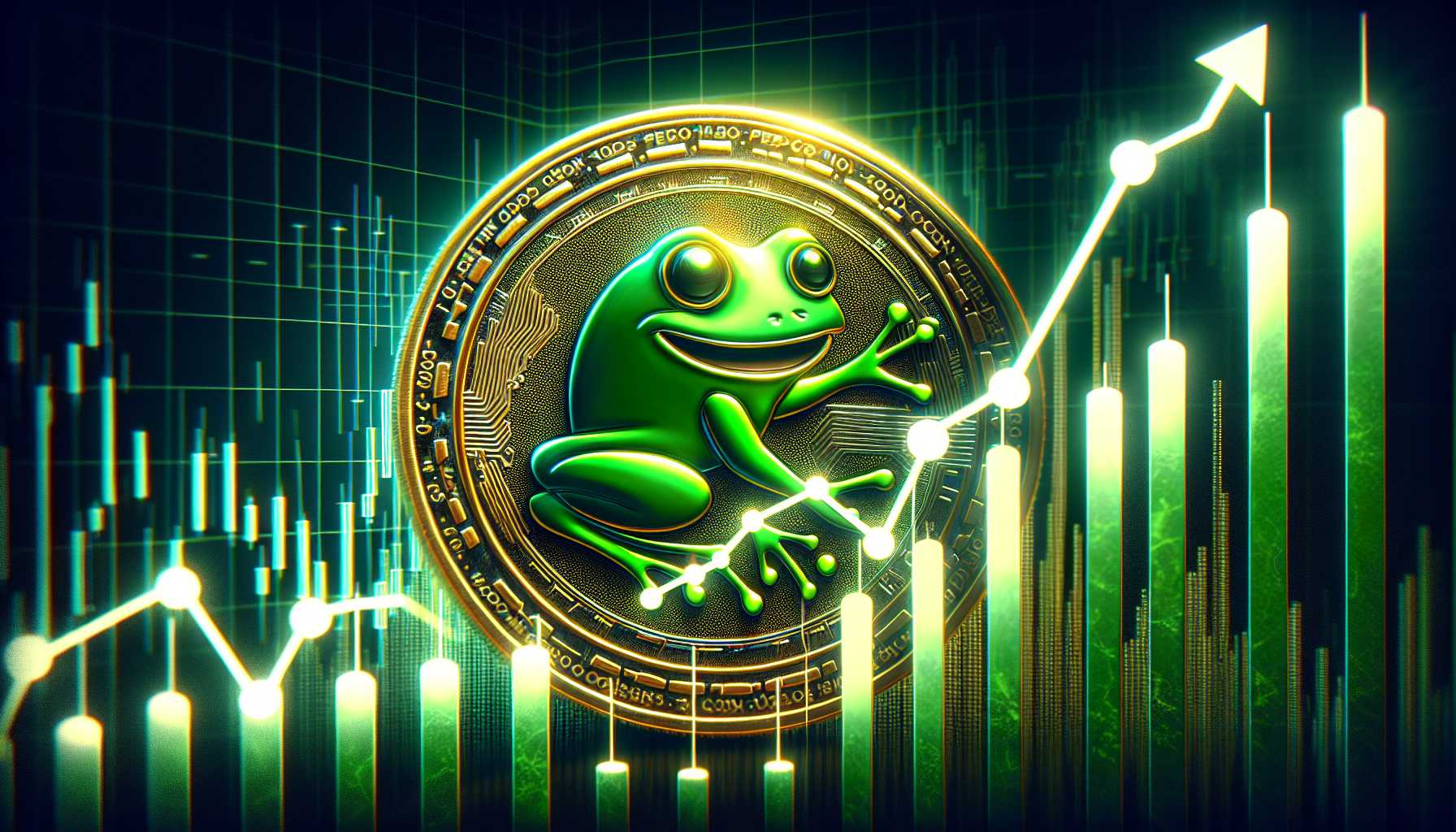 A graphic representation of Pepe coin with a bullish trend