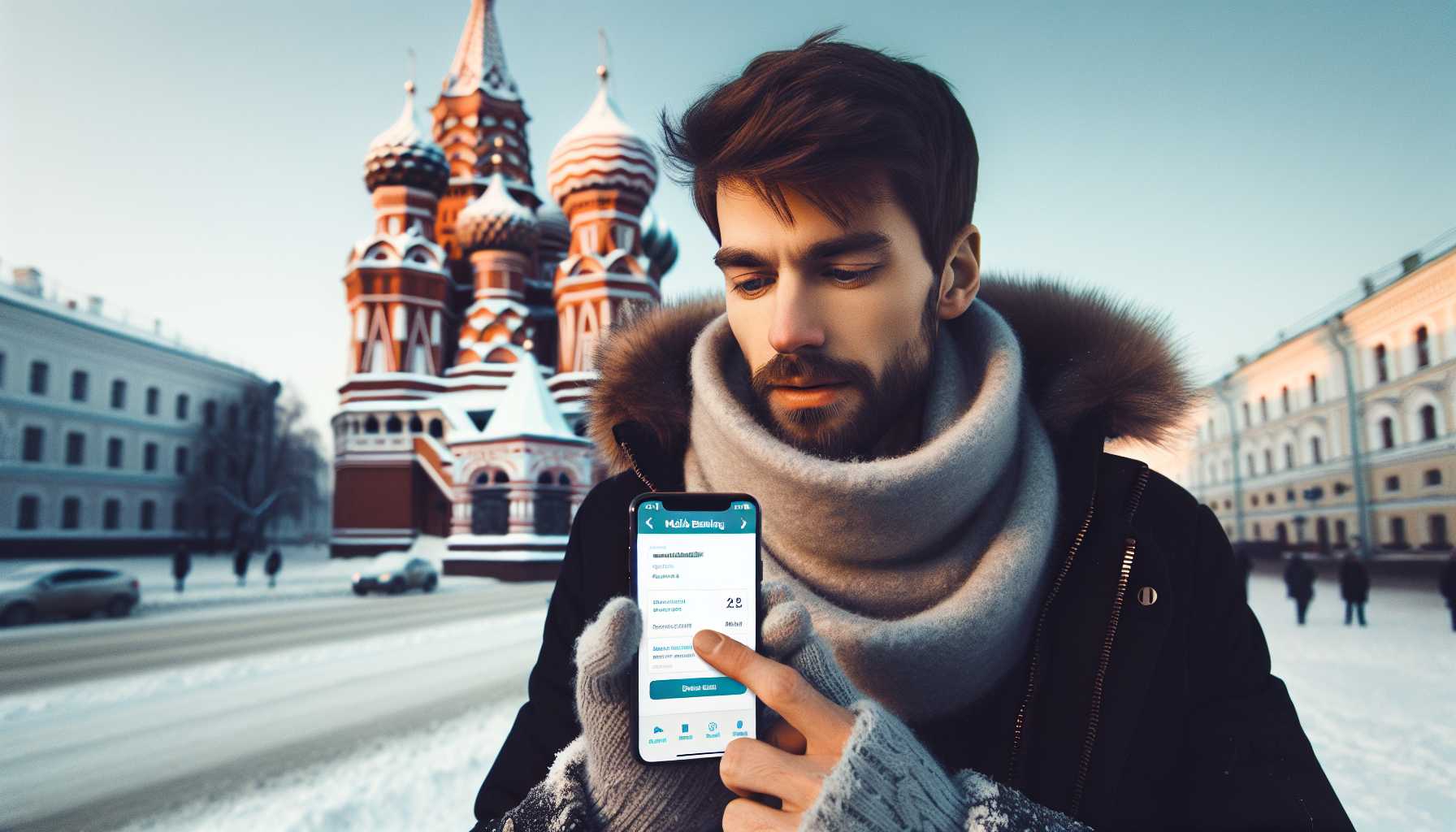 A person using a mobile banking app on their smartphone in Russia