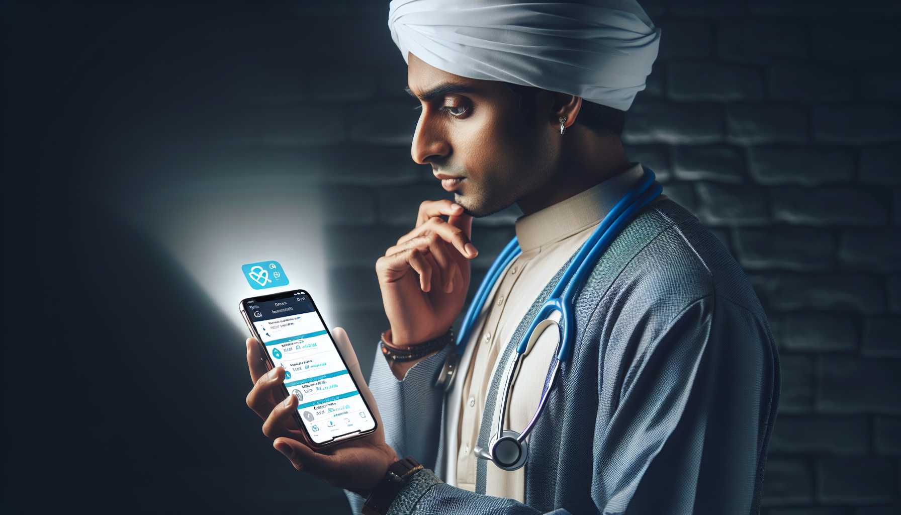 A doctor holding a smartphone with the Doctolib app open