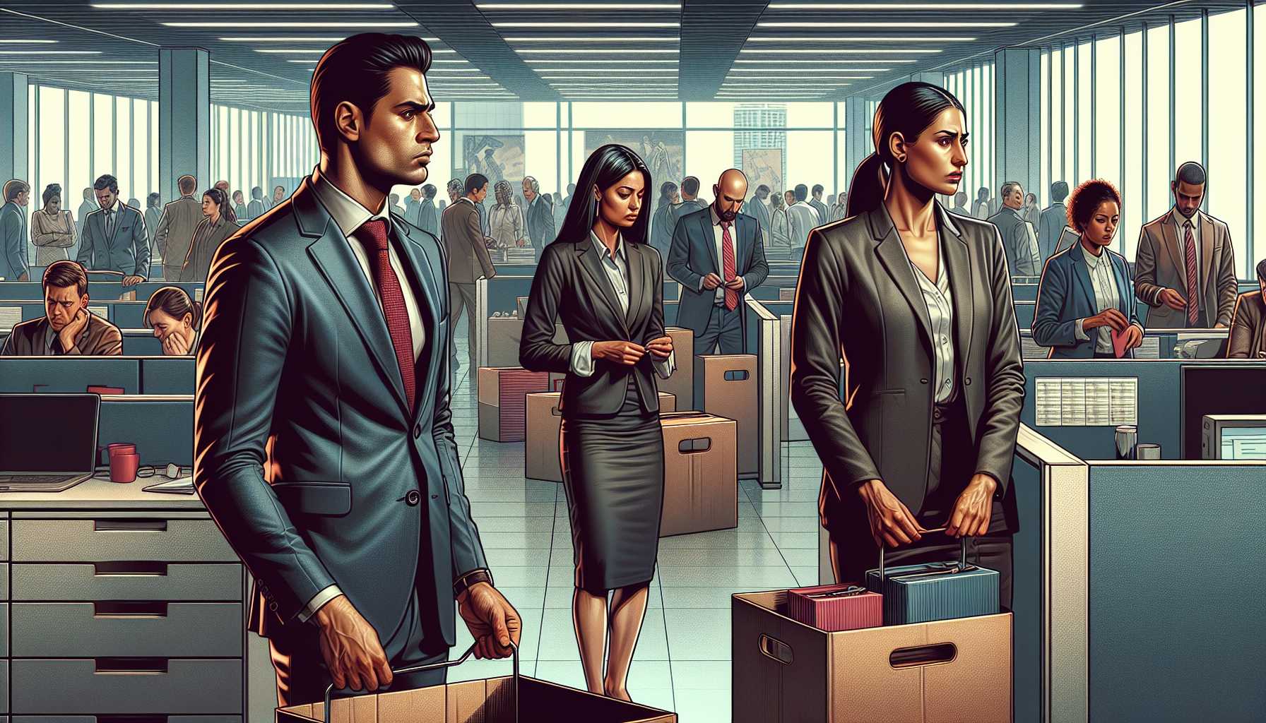 a dramatic scene depicting office workers with boxes, symbolizing layoffs