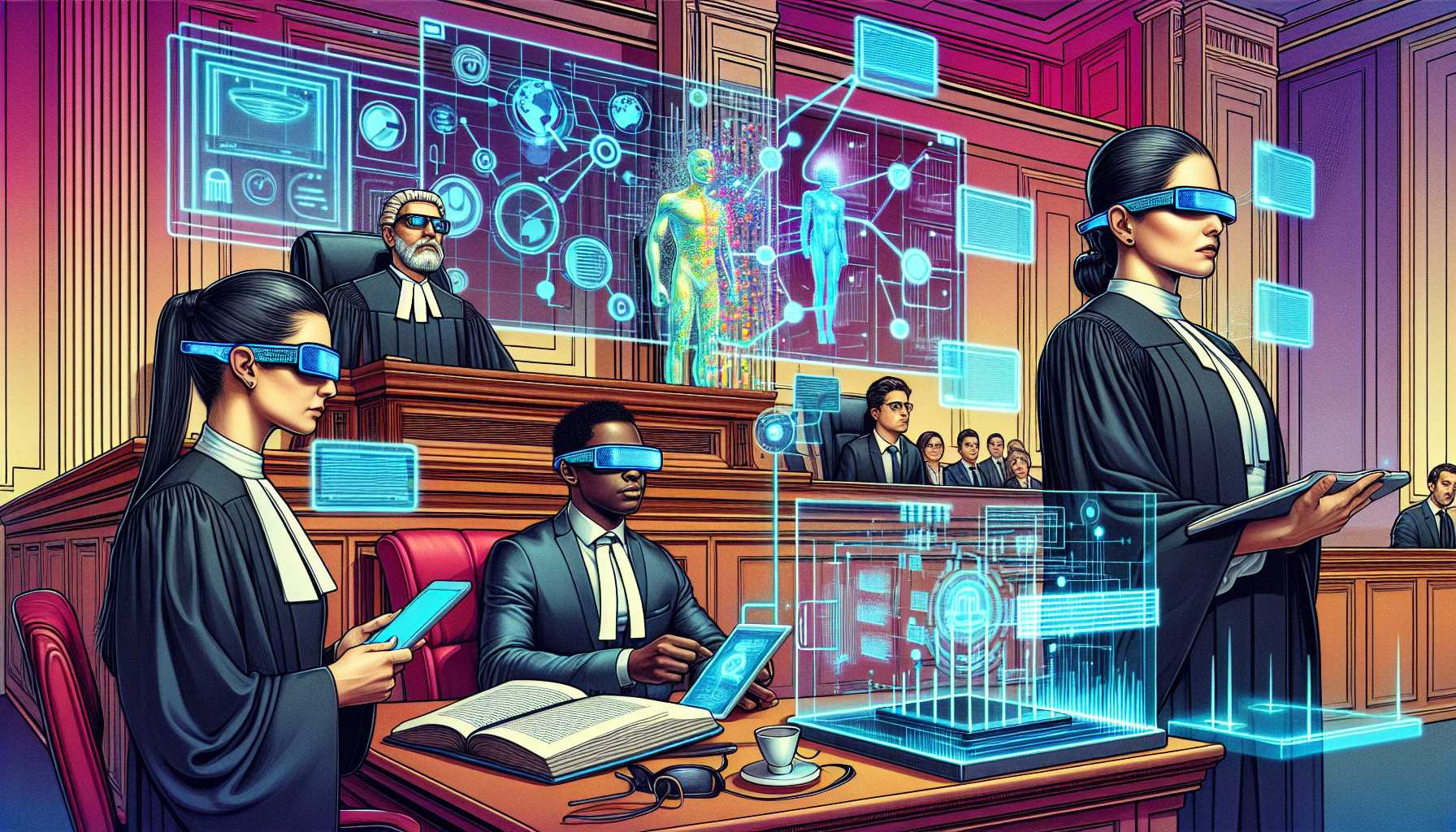 a courtroom scene with AI tech and legal documents