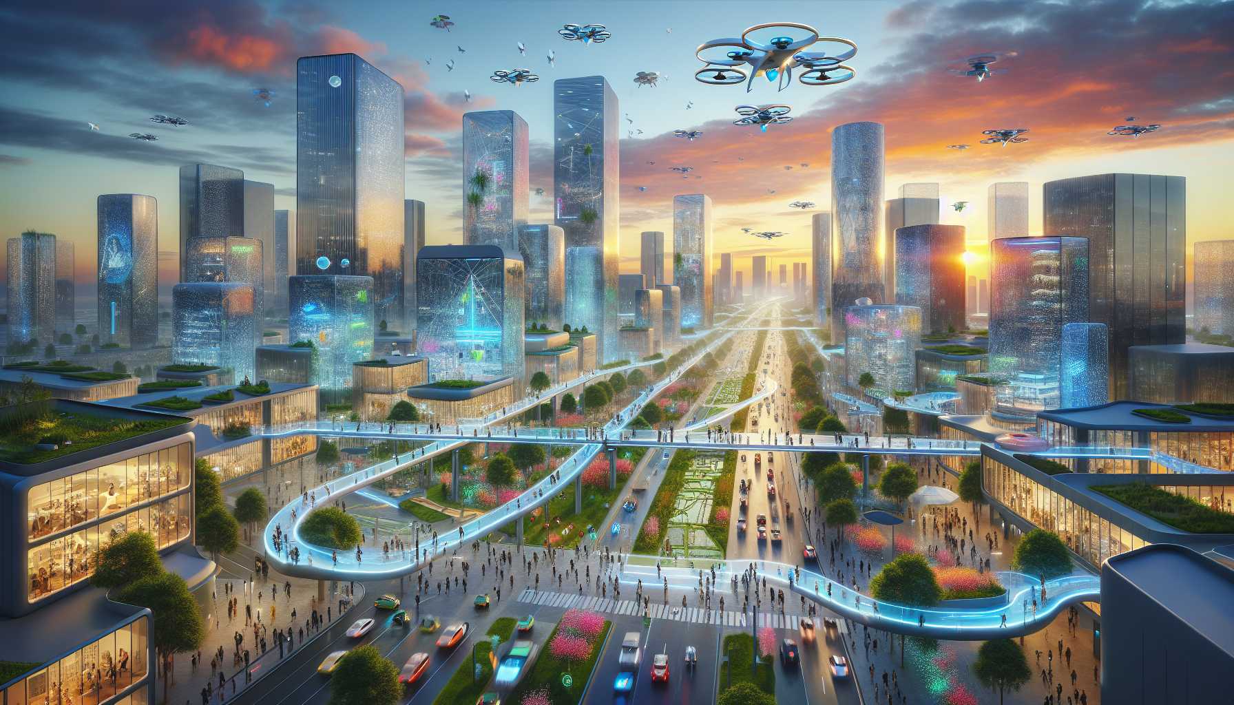 an optimistic, futuristic cityscape powered by AI technologies