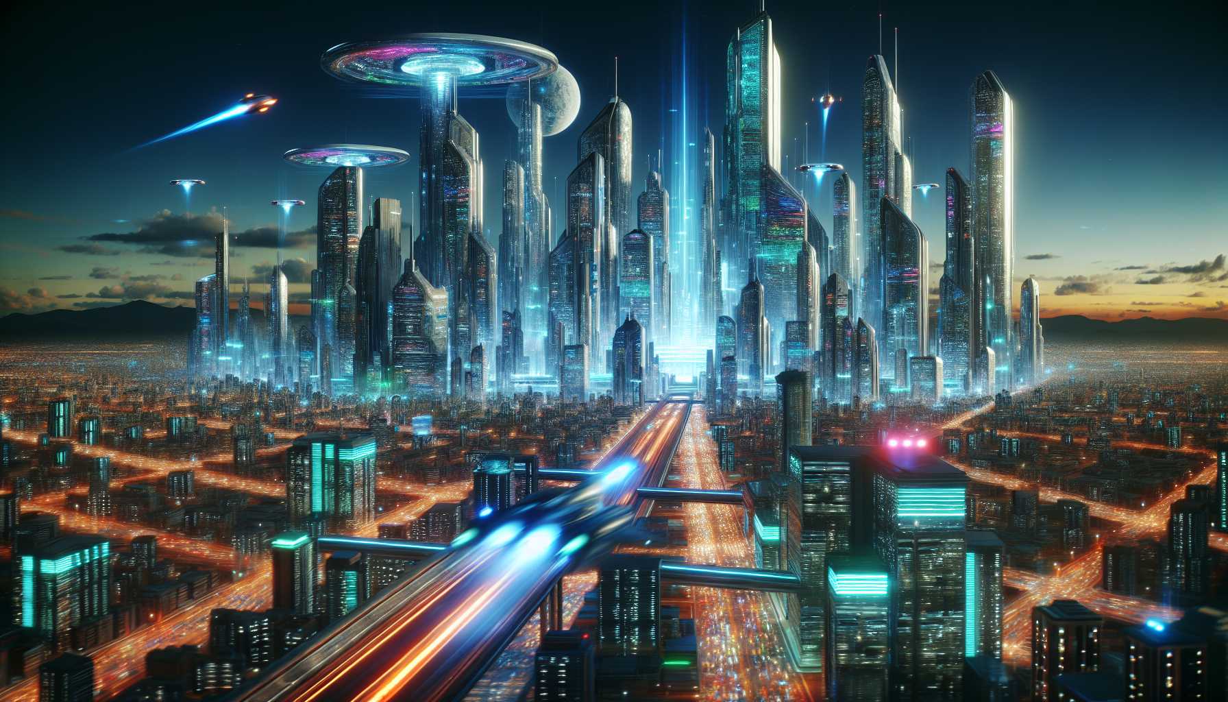 A futuristic cityscape with flying cars and smart buildings