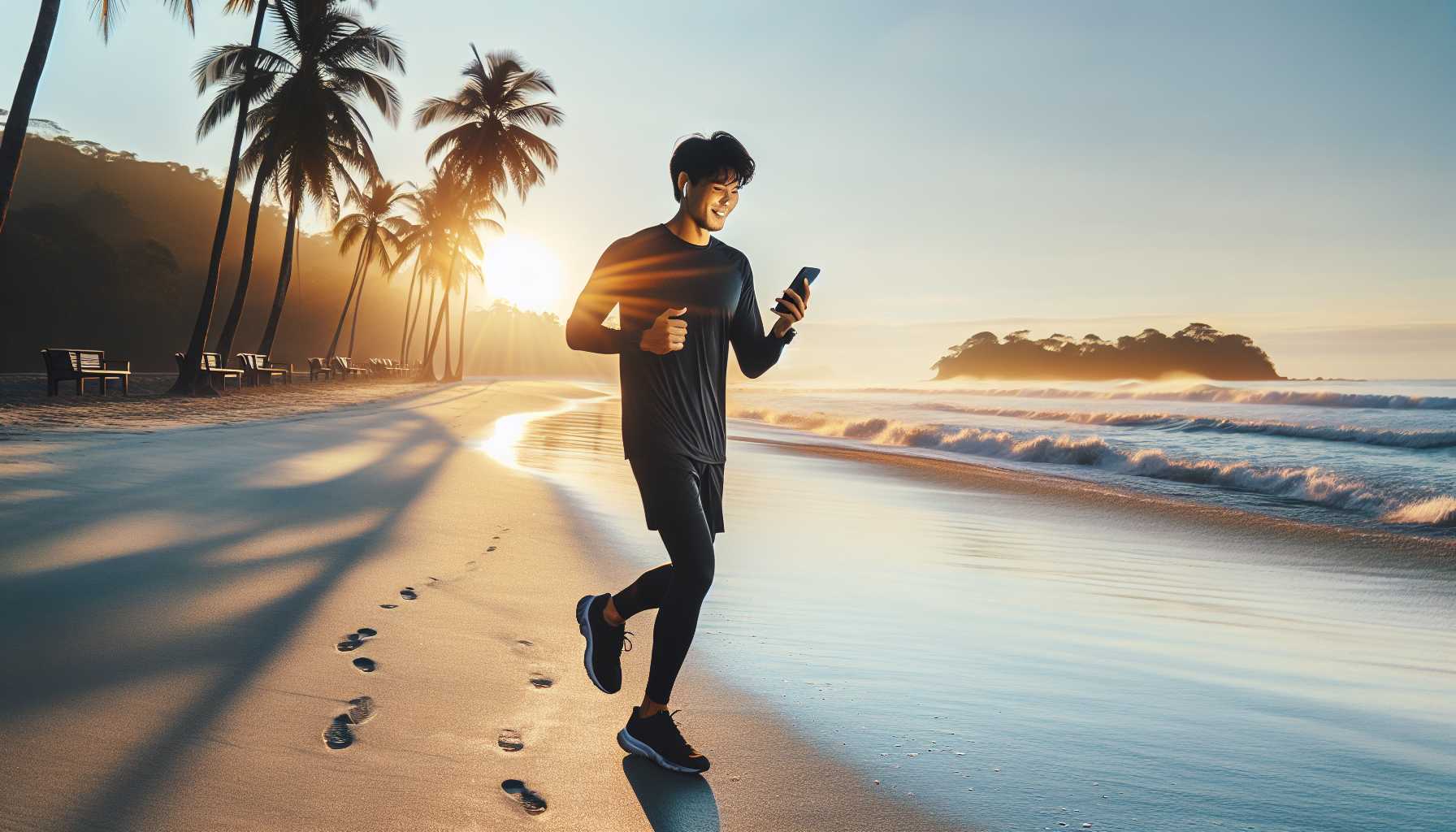 A person using a fitness app on their phone while running on the beach in Costa Rica.