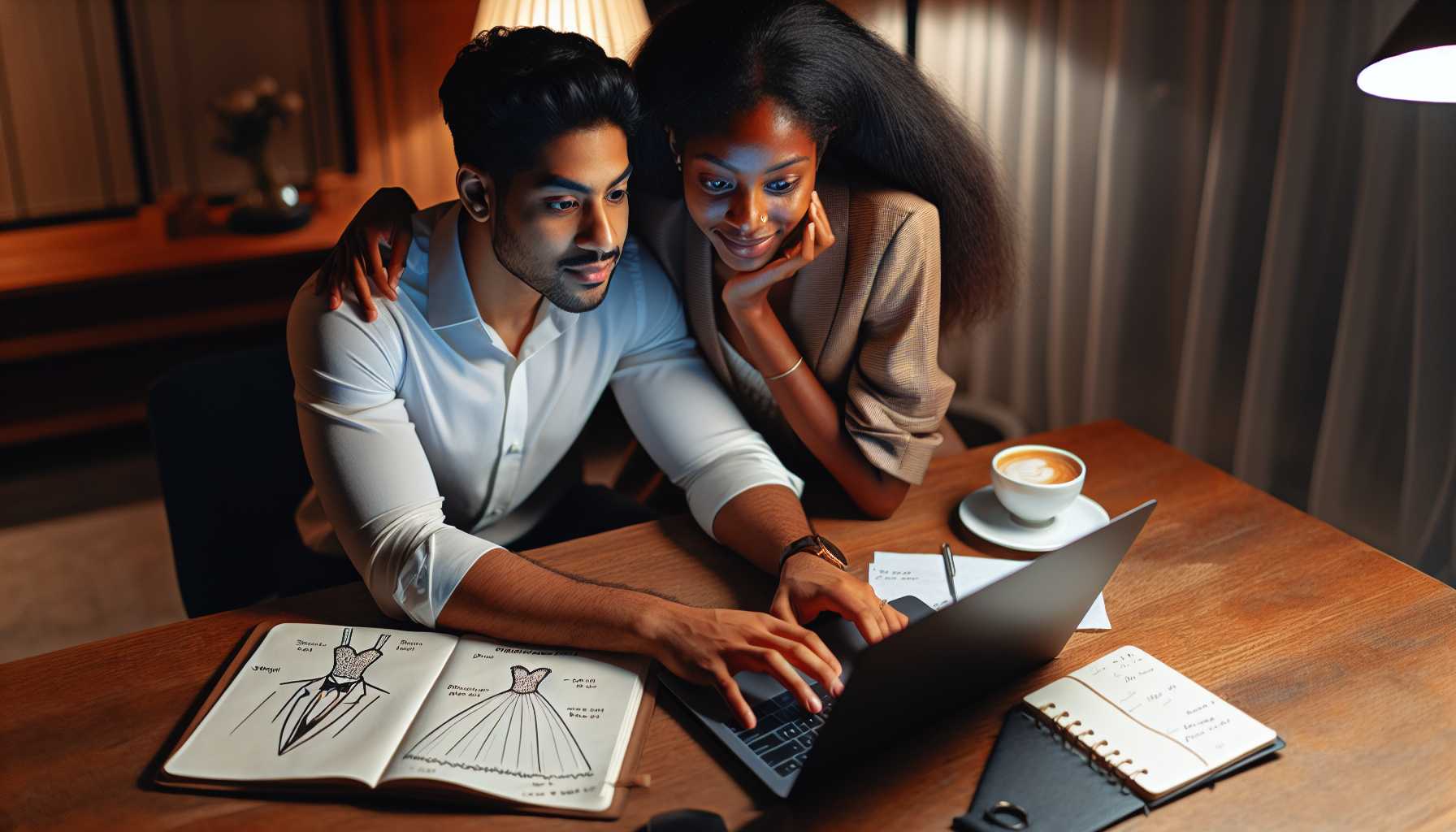 Couple planning their wedding on a laptop