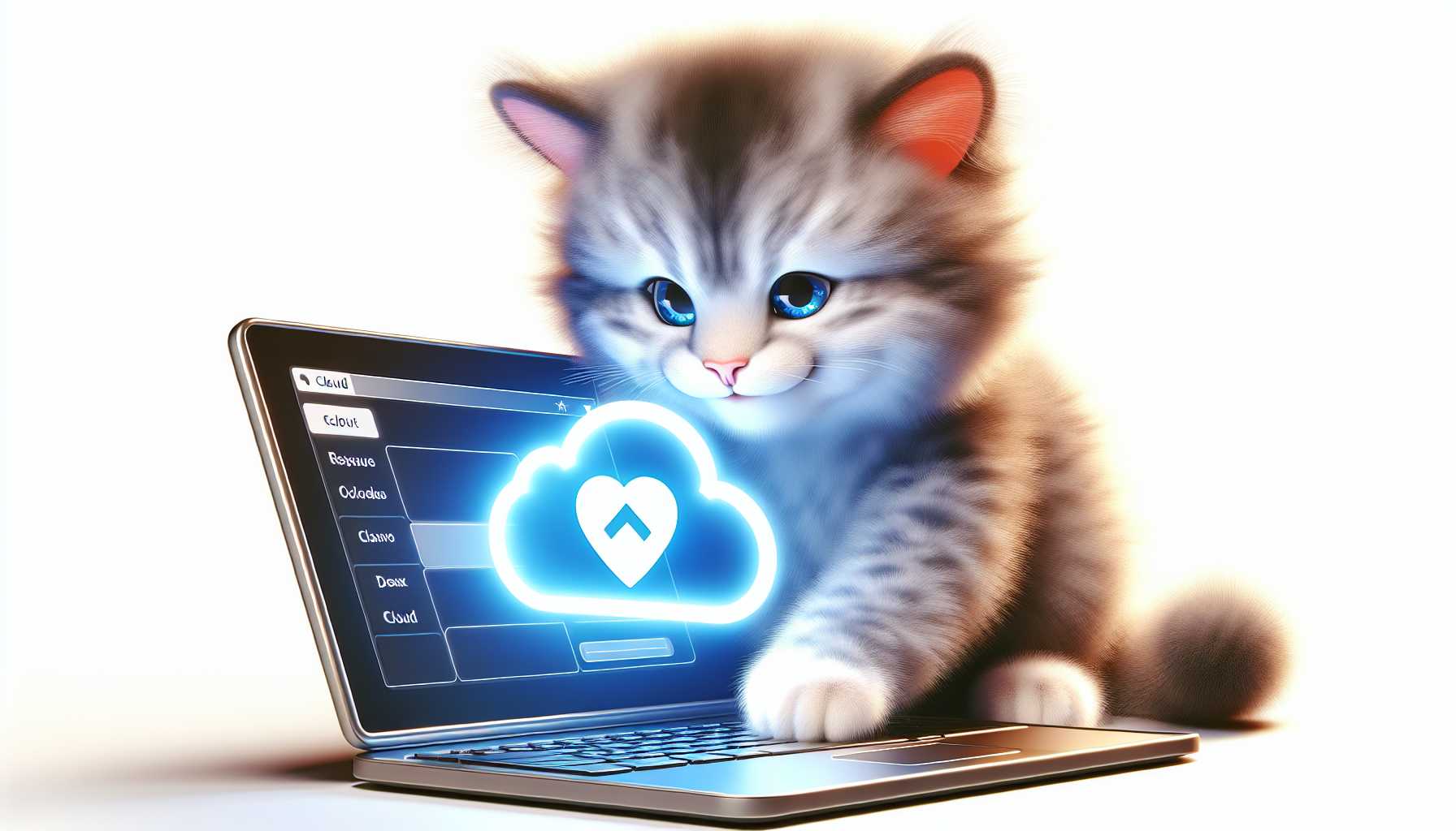 A happy cat using a laptop with the Naver Cloud logo on the screen