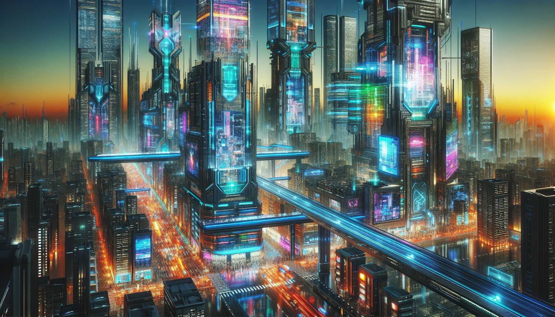 A futuristic cityscape with cyberpunk elements