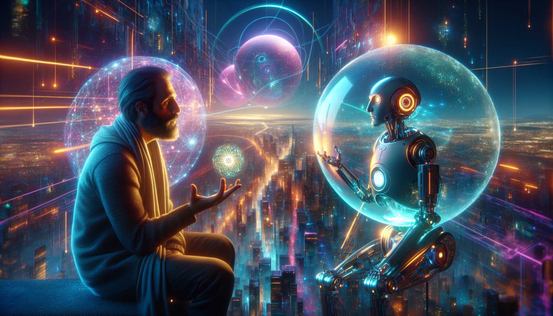 A storyteller and a droid in an animated, sci-fi setting