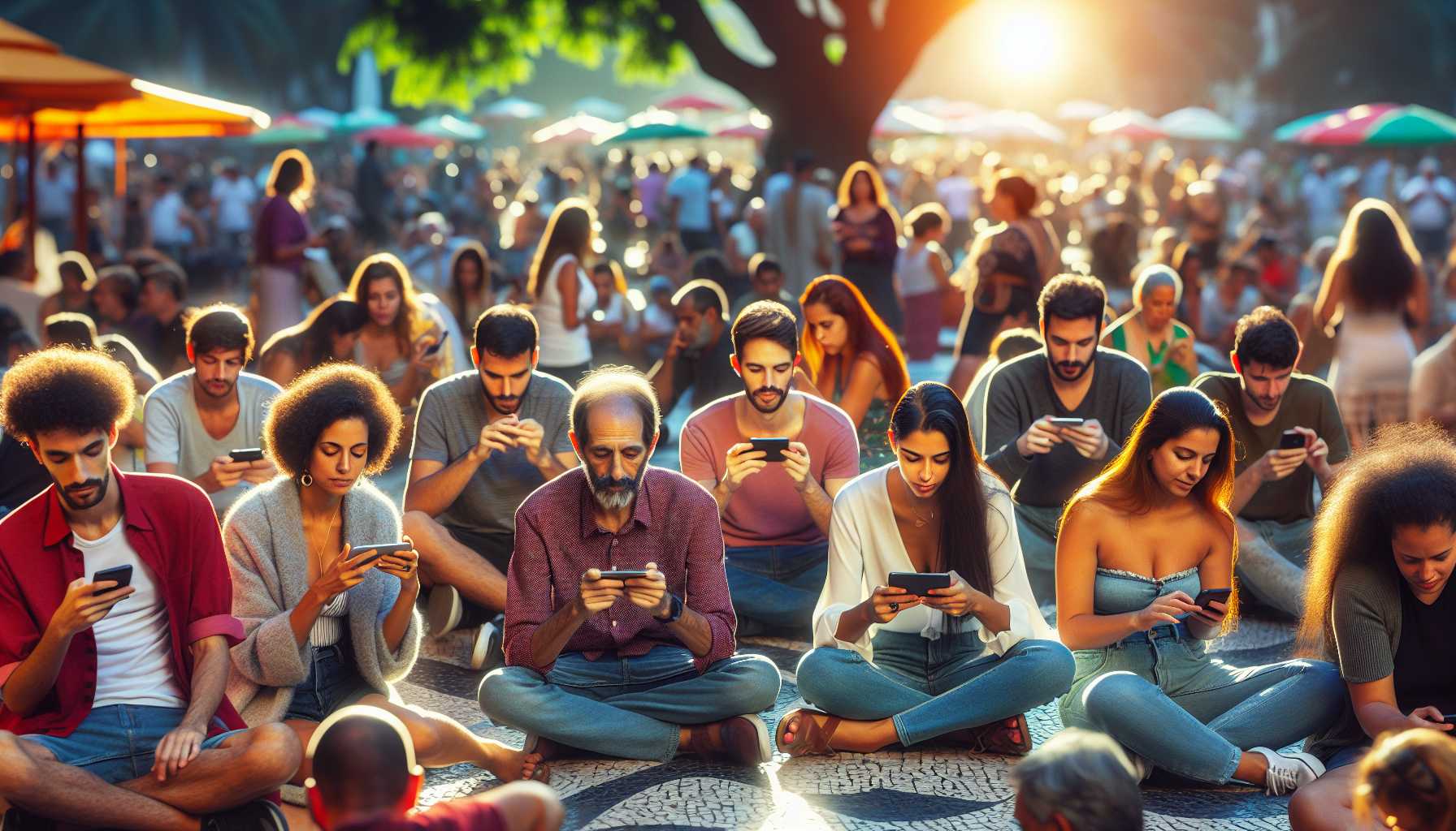 A group of people in Brazil playing puzzle games on their mobile phones.