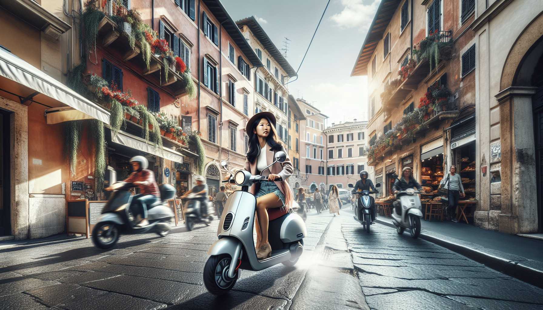 A person riding an e-scooter through a busy city street in Italy