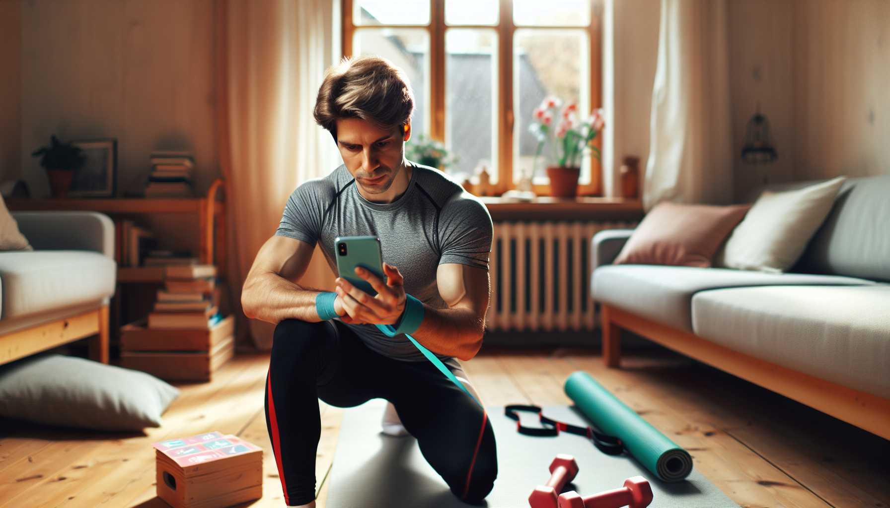 A person in Russia using a fitness app on their phone to do a workout at home.