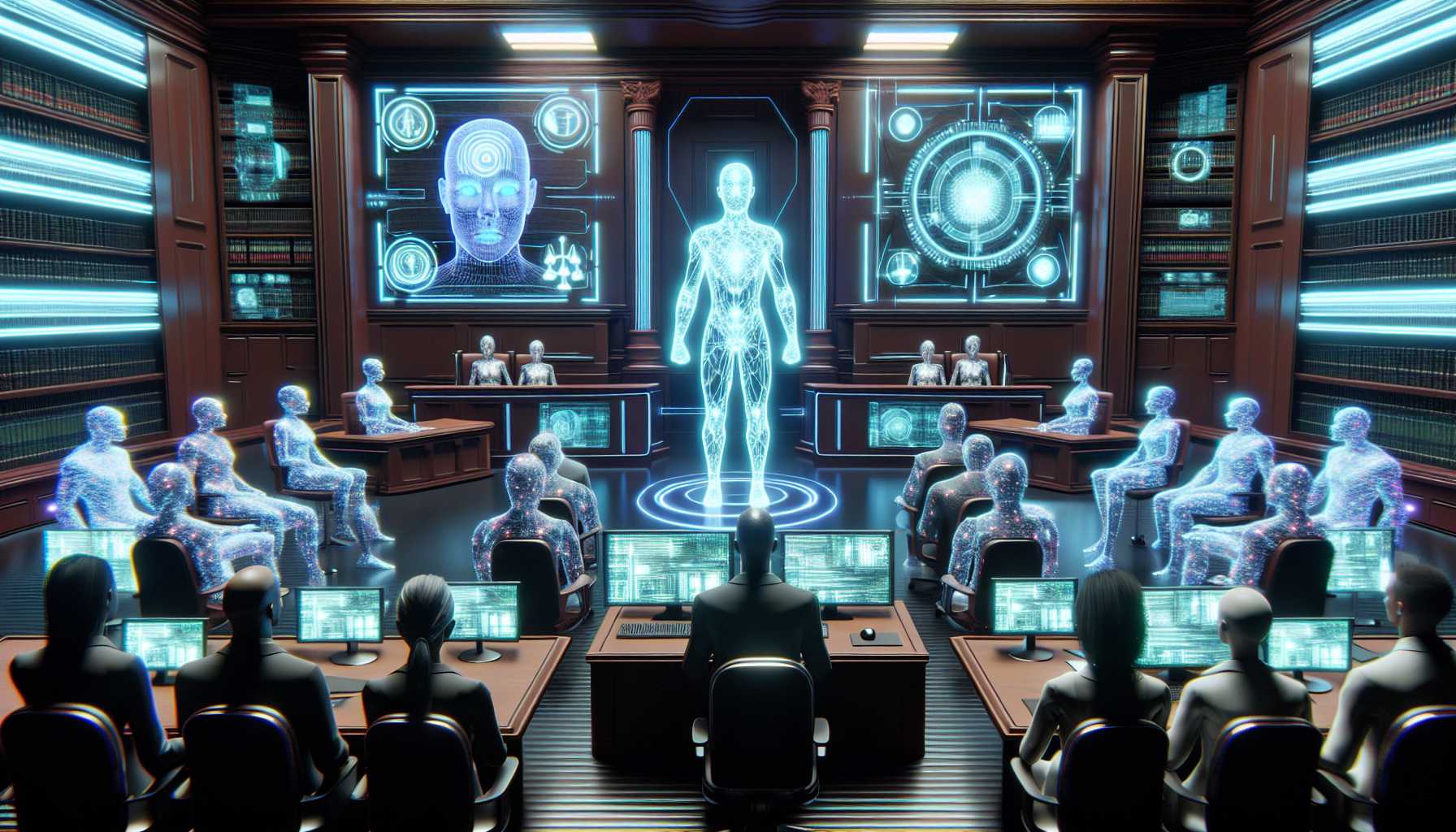 A futuristic courtroom setting depicting AI on trial