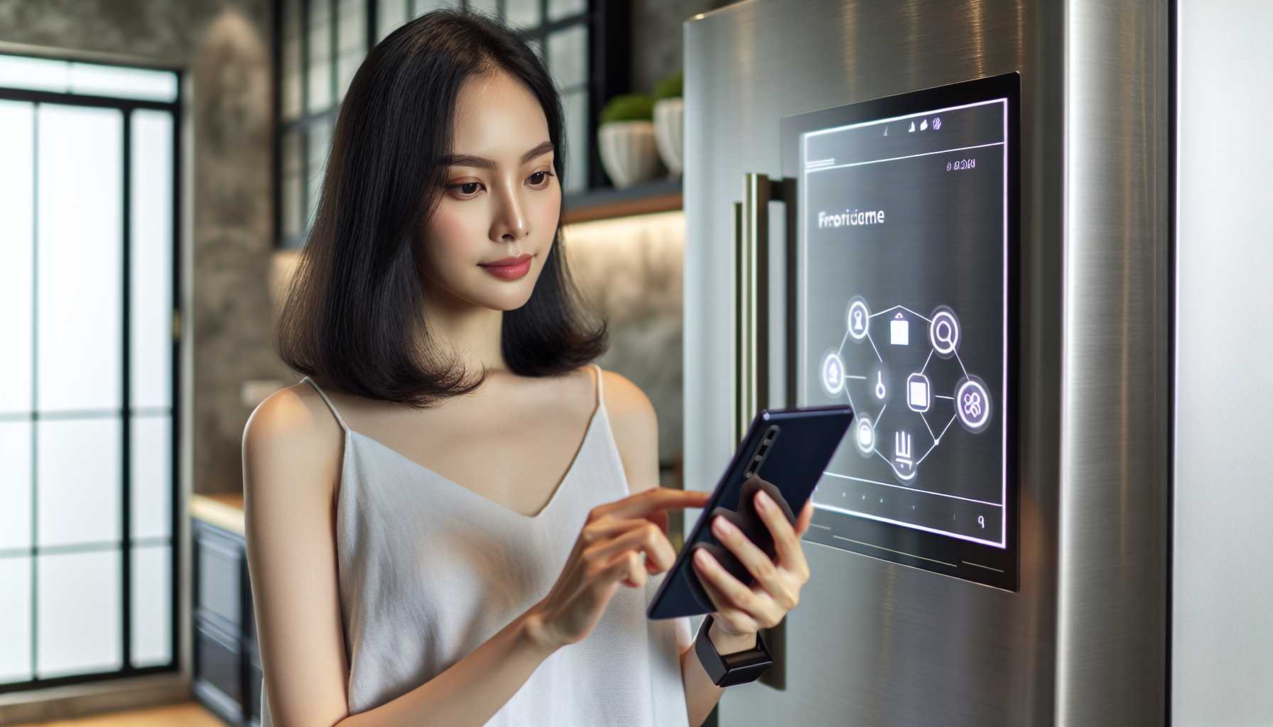 A person using a smartphone to control a smart home appliance