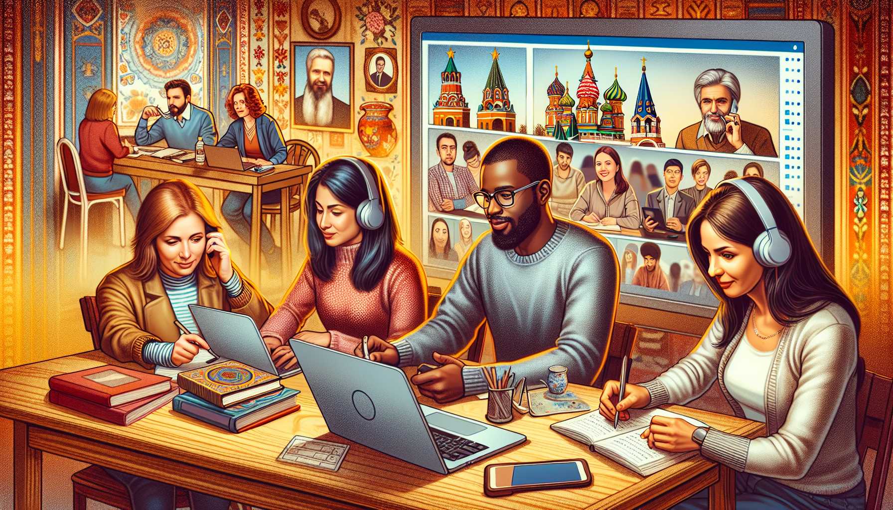 A group of people in Russia using online tools for language learning