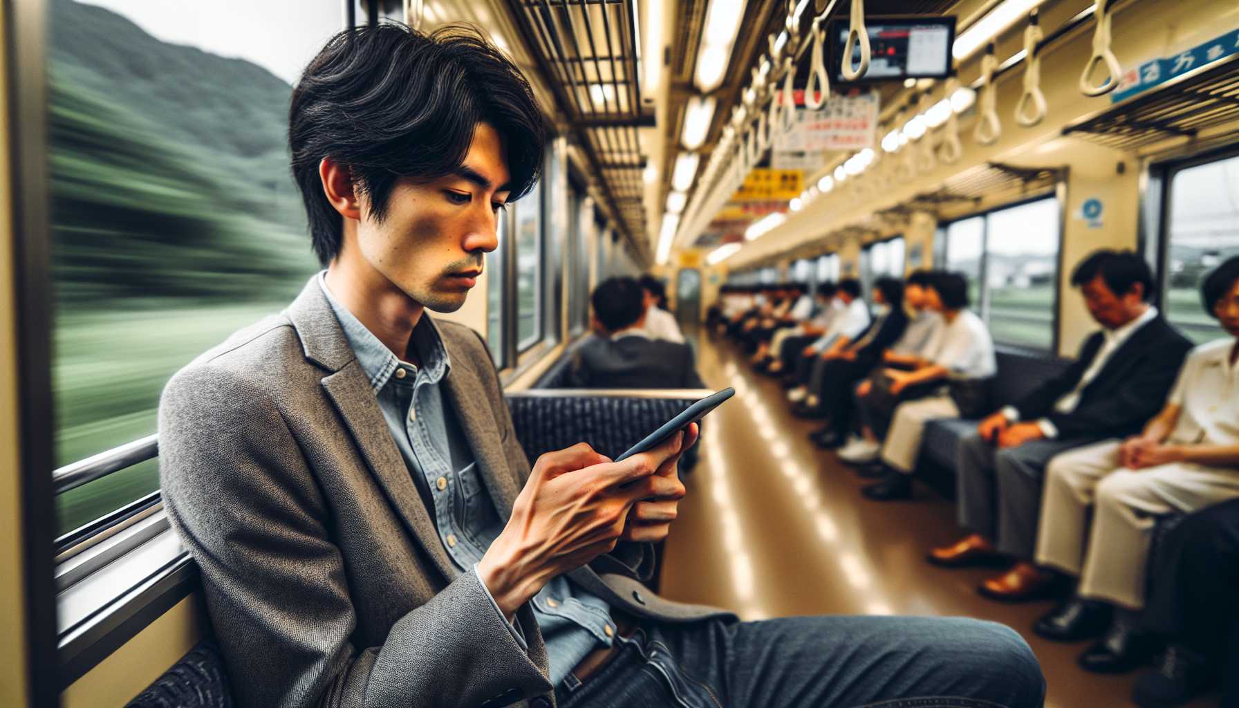 Person in Japan using smartphone on train