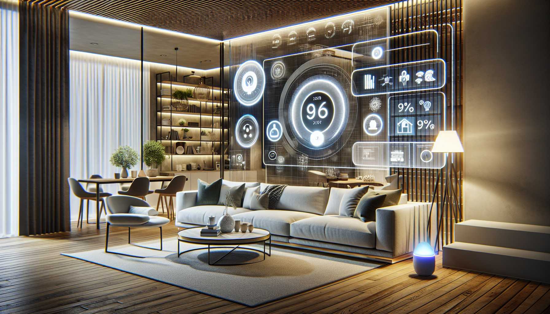 A modern living room with smart home devices like smart lights, thermostat, and voice assistant.