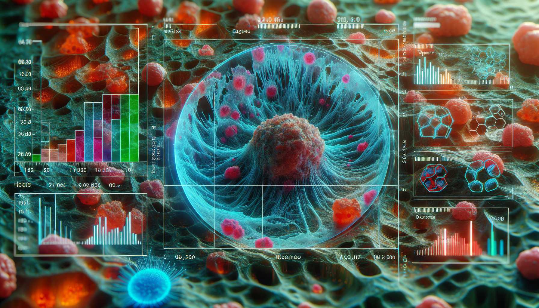 A highly detailed histology image of cancer cells with computational overlays indicating analysis.