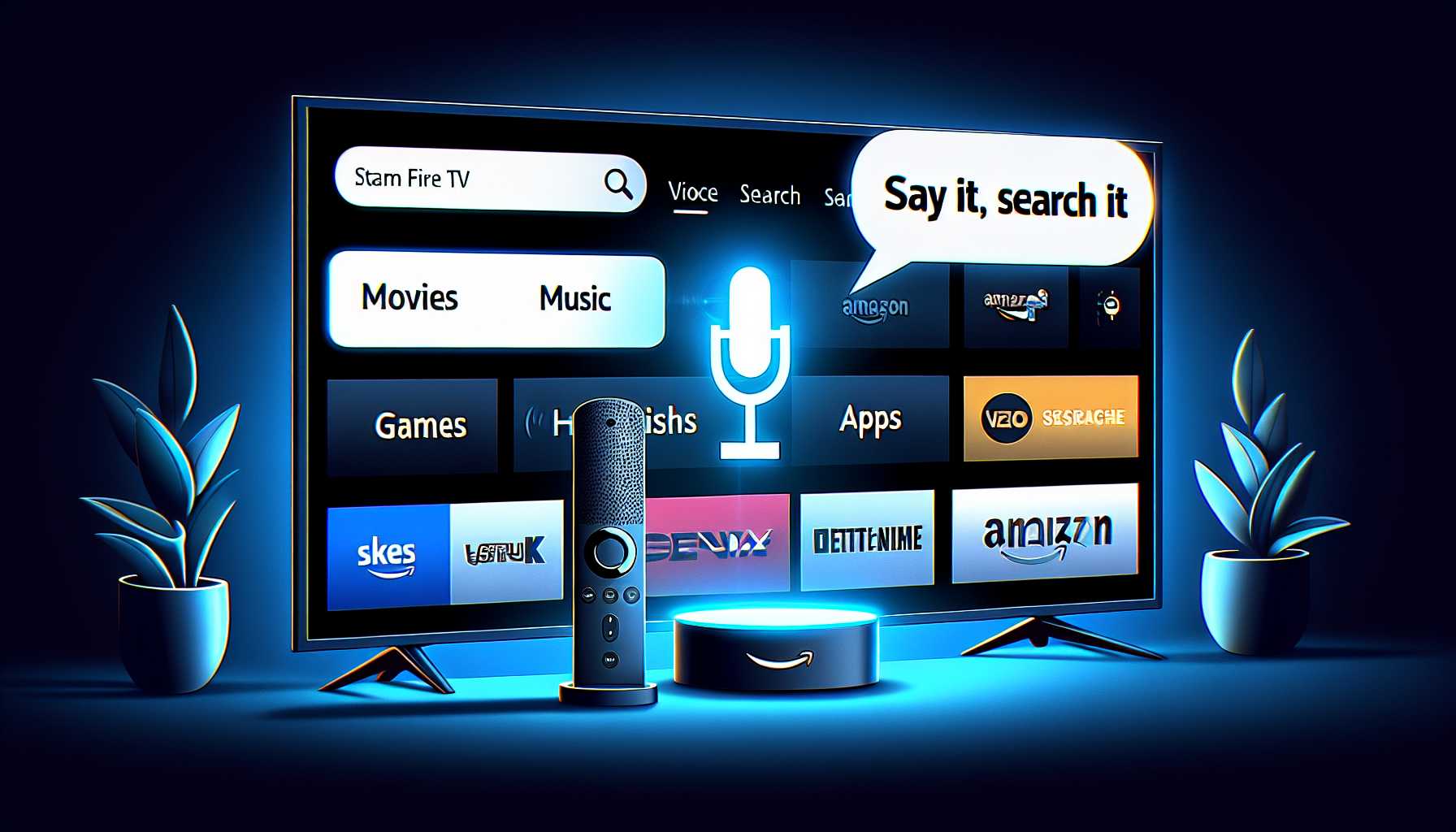 Amazon Fire TV interface with an advanced voice search feature being demonstrated.