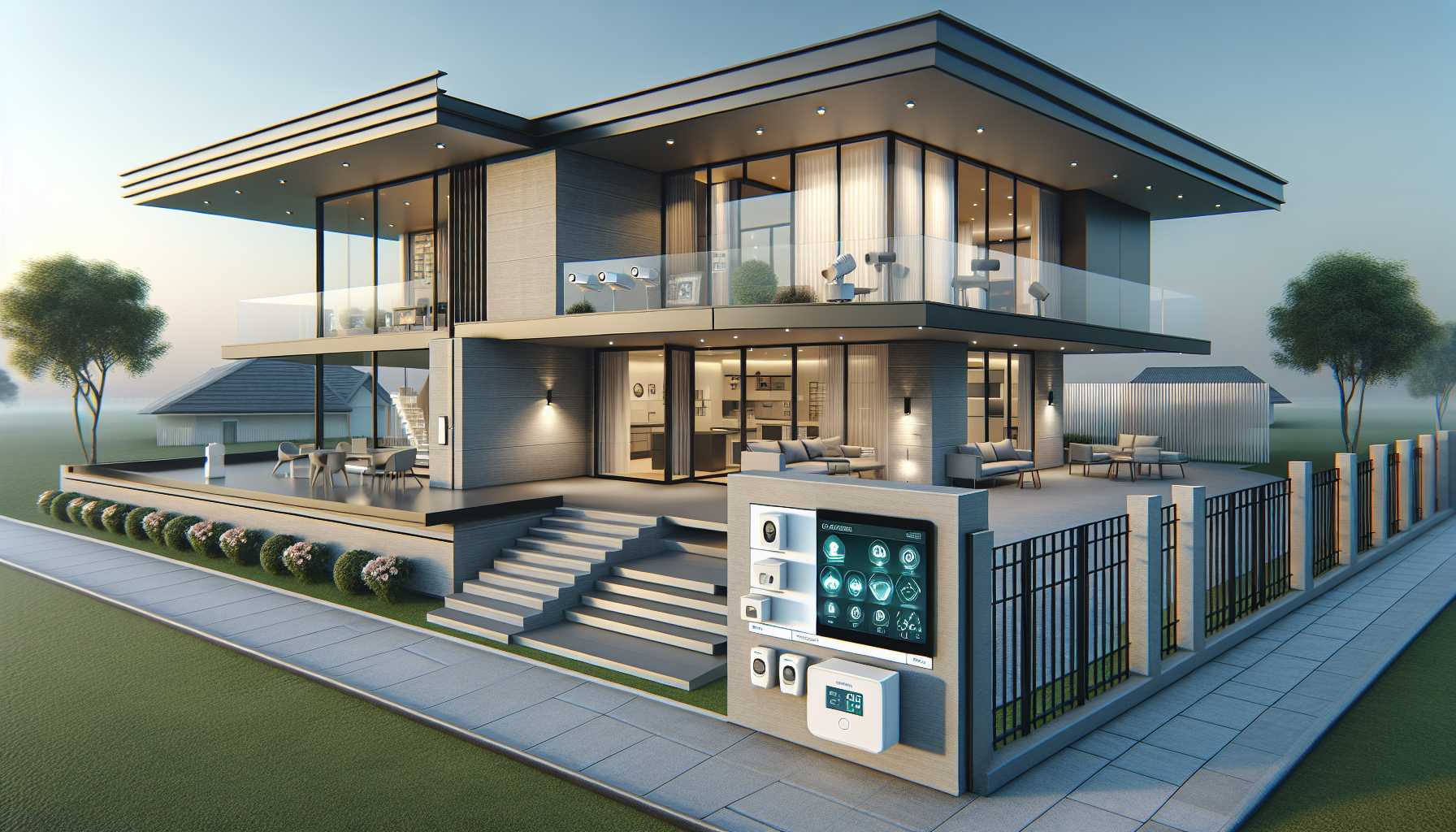 A modern house with a security system installed, showing cameras, sensors, and a control panel.