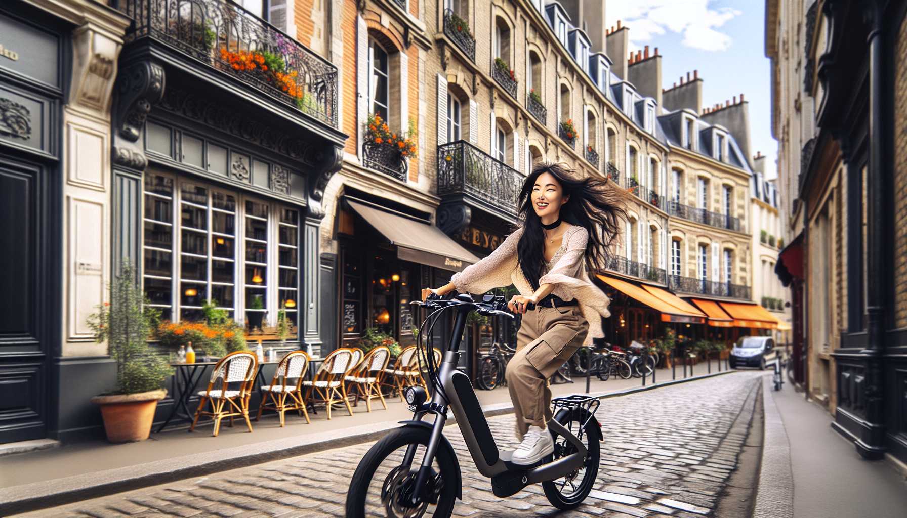 A person riding an e-bike through a city street in France