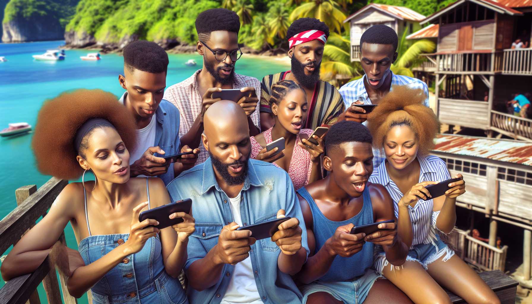 A group of people in Saint Lucia playing Garena Free Fire on their smartphones