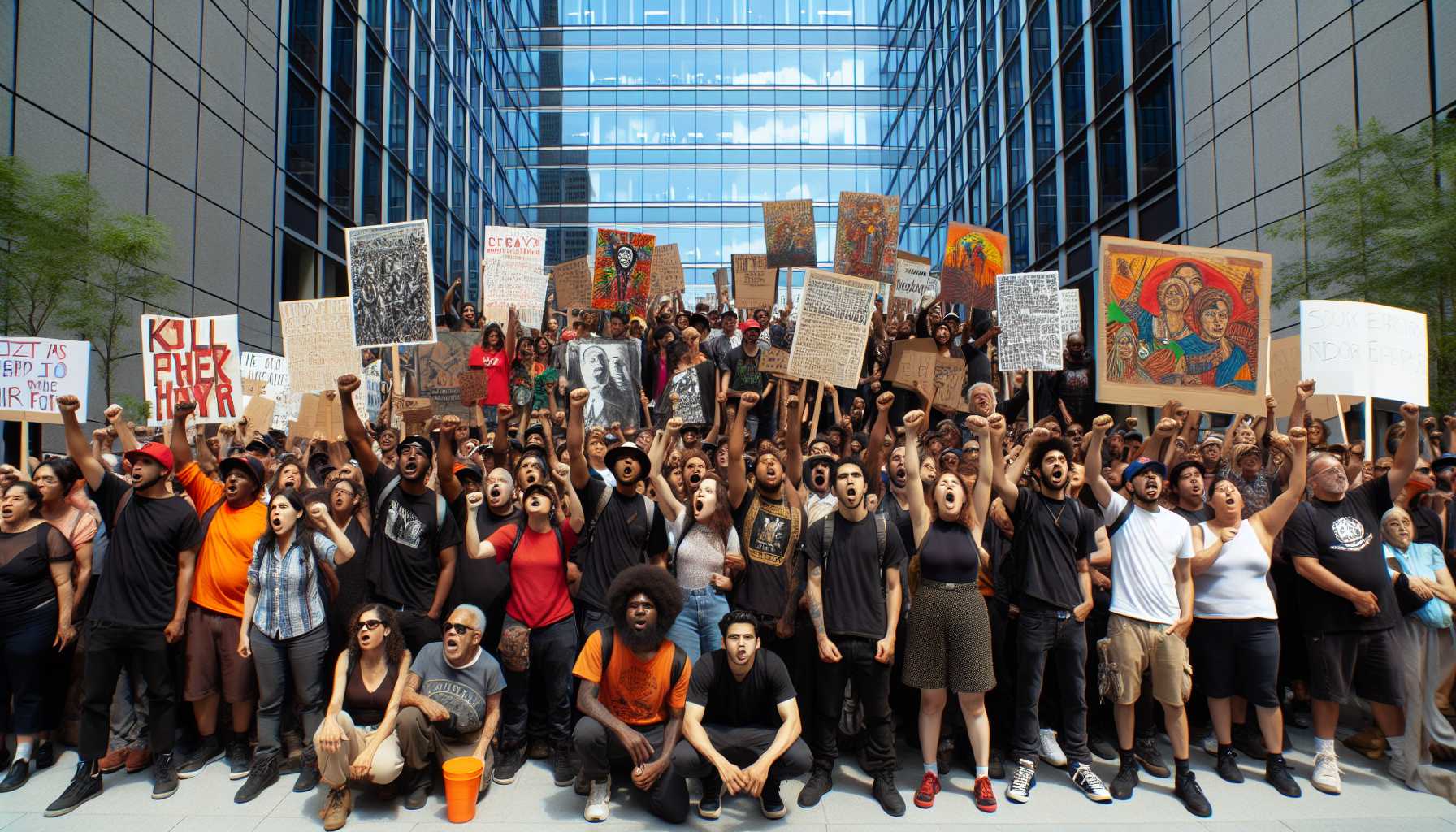 protesters holding signs advocating for workers' rights outside a corporate building