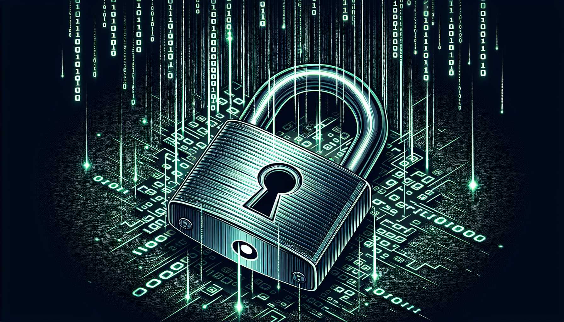 a cyber attack illustration showing a locked padlock and binary code