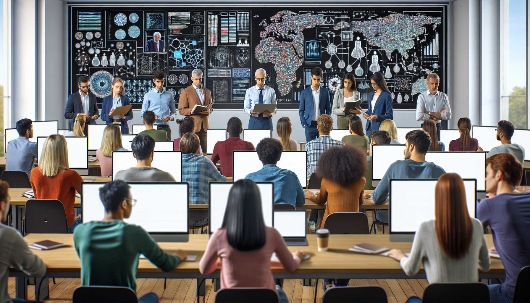 university students and professors collaborating with AI-driven tools in a classroom setting