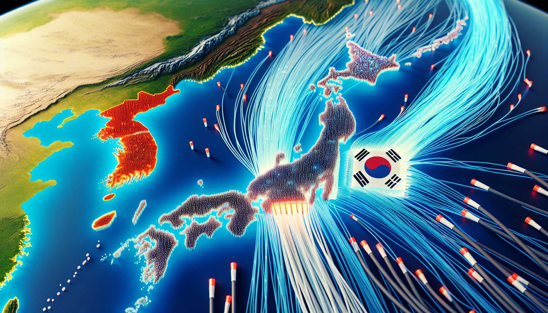 A map of South Korea and Japan with fiber optic cables connecting them, with South Korea having more and thicker cables.