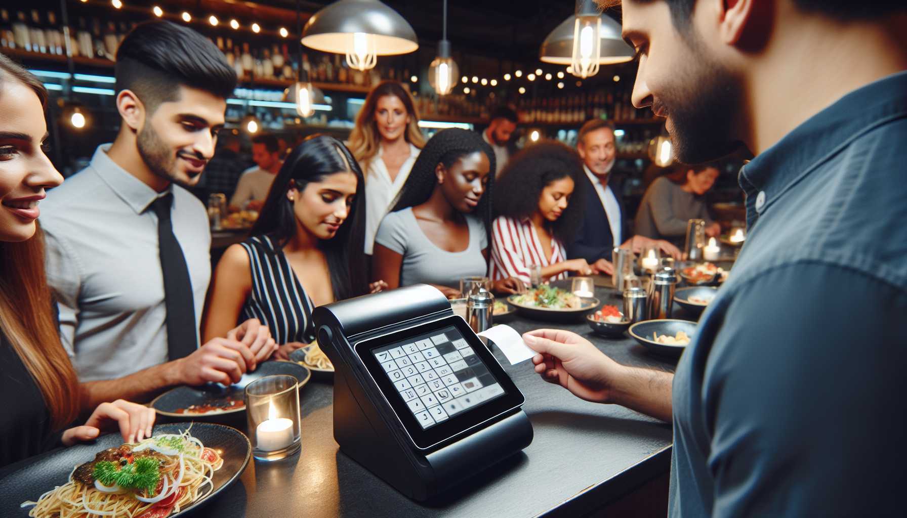 Toast point-of-sale terminal being used in a restaurant setting.