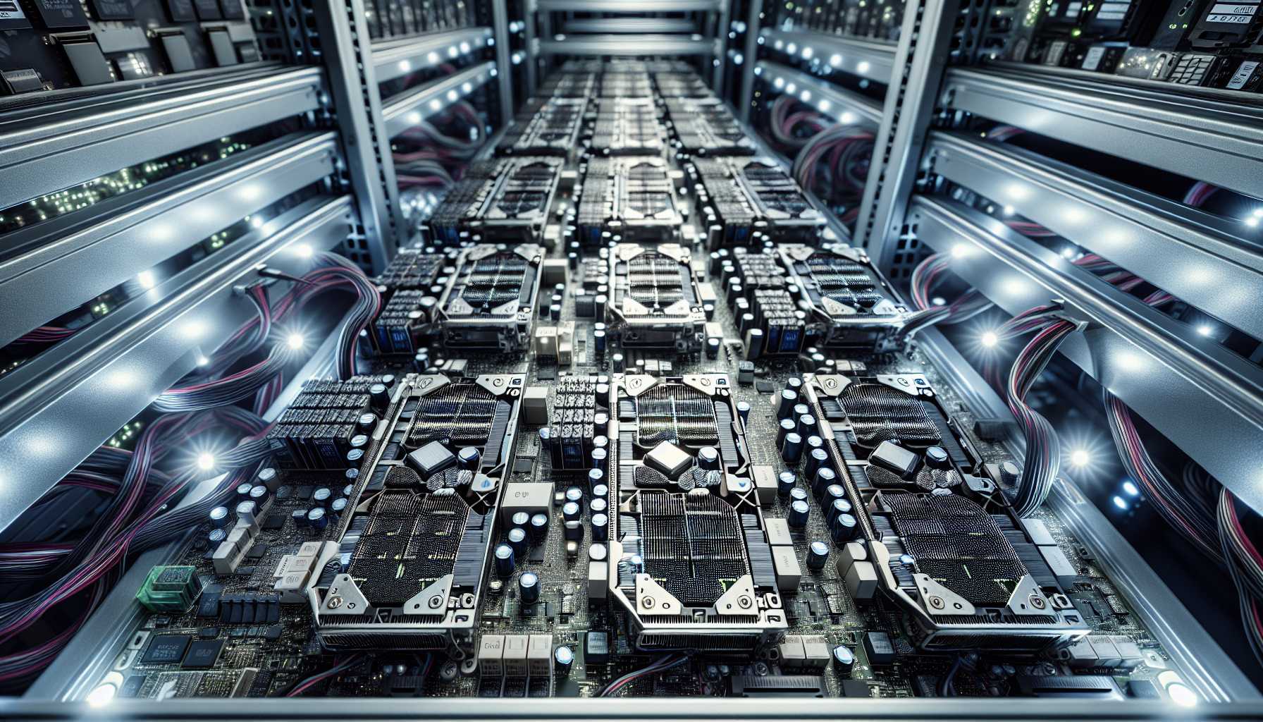 Close-up image of Nvidia GPUs in a data center.