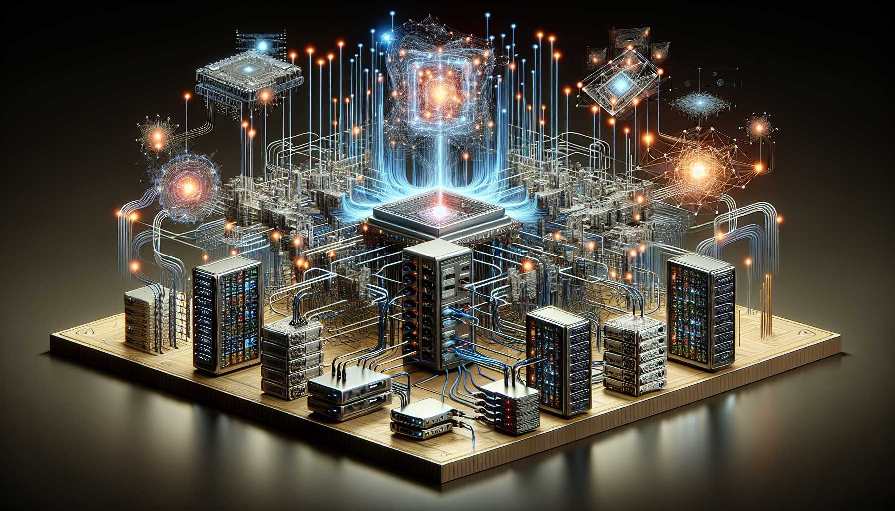 Illustration of network infrastructure connected with AI elements.