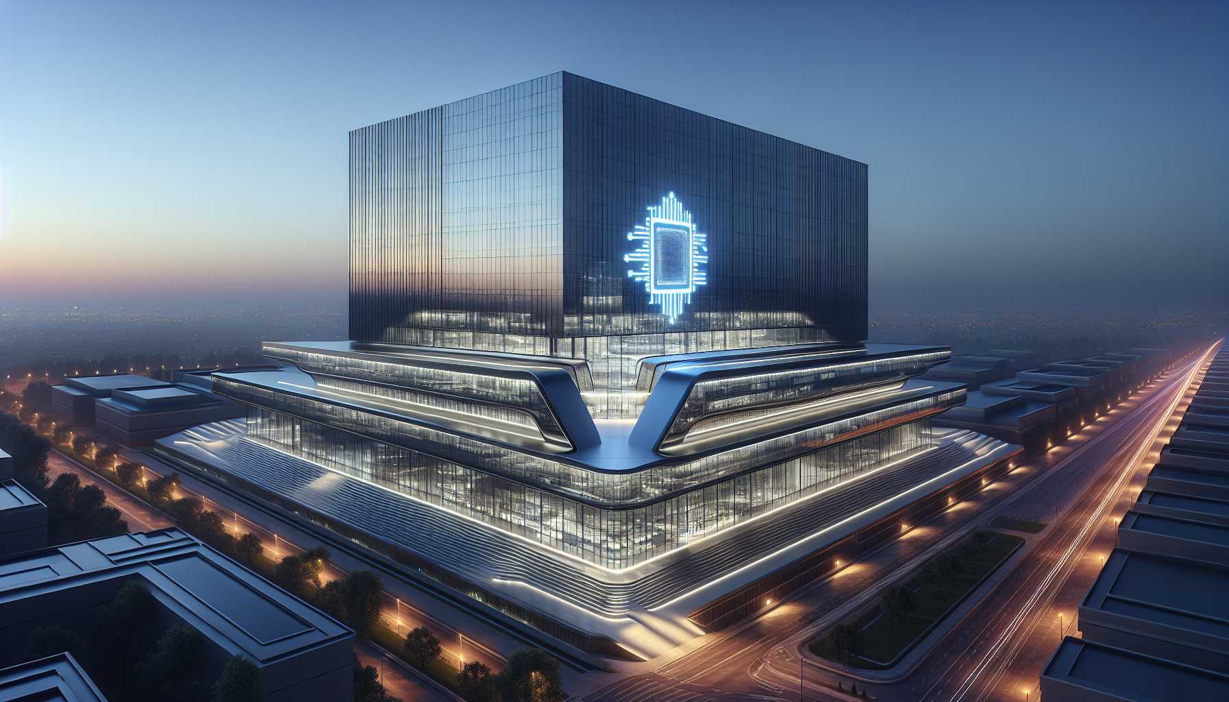 Intel logo on a futuristic building representing its renewed focus.