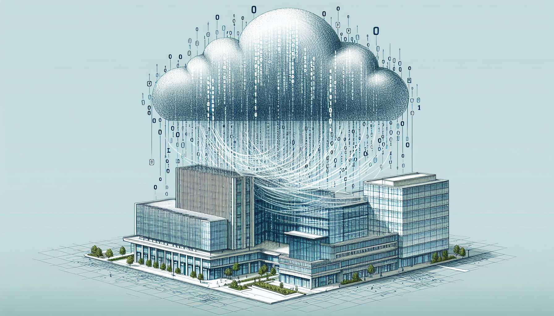 Amazon headquarters and a cloud with binary code flowing through it.