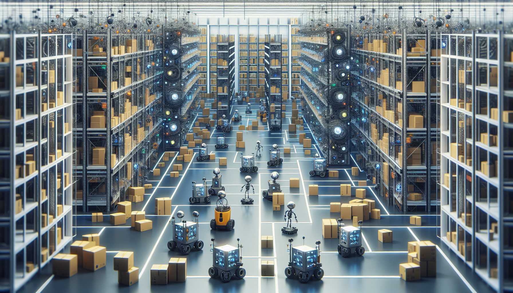 A network of interconnected devices in a warehouse, with boxes and robots moving around.