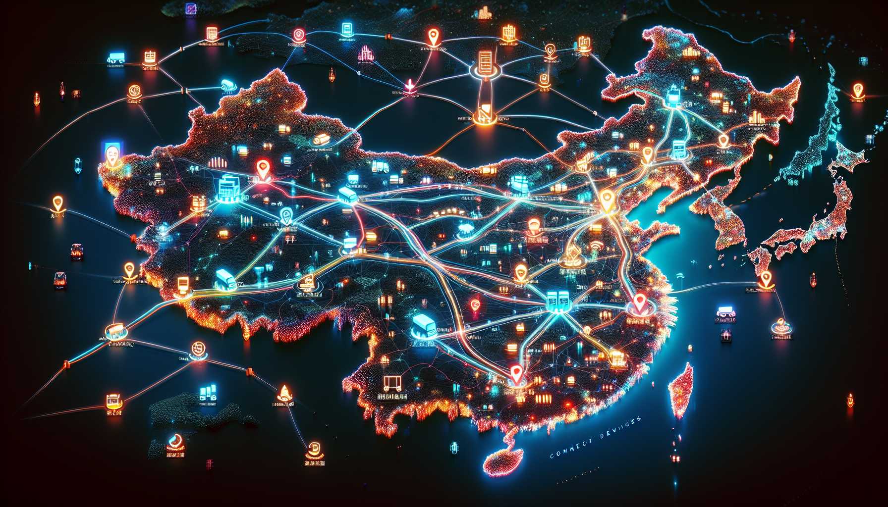 A map of China with logistics routes highlighted, showing data points and connected devices.