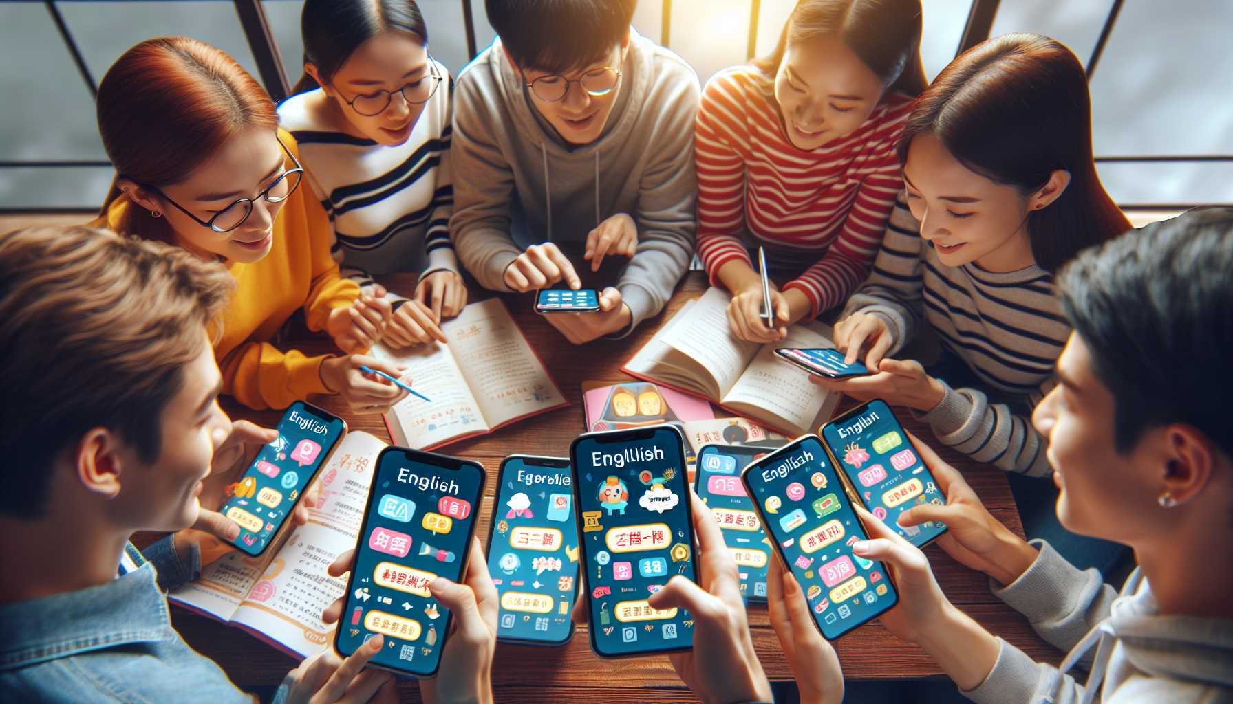 A group of young Chinese adults using their smartphones to learn English on a language learning app.