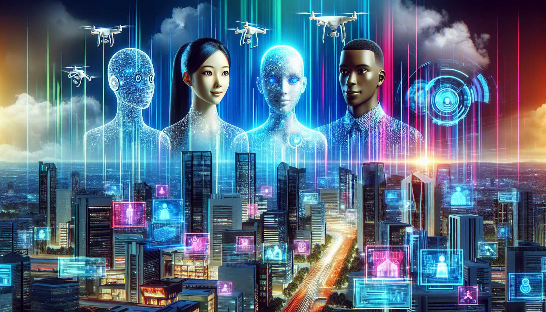 A futuristic scene with AI human-like figures speaking