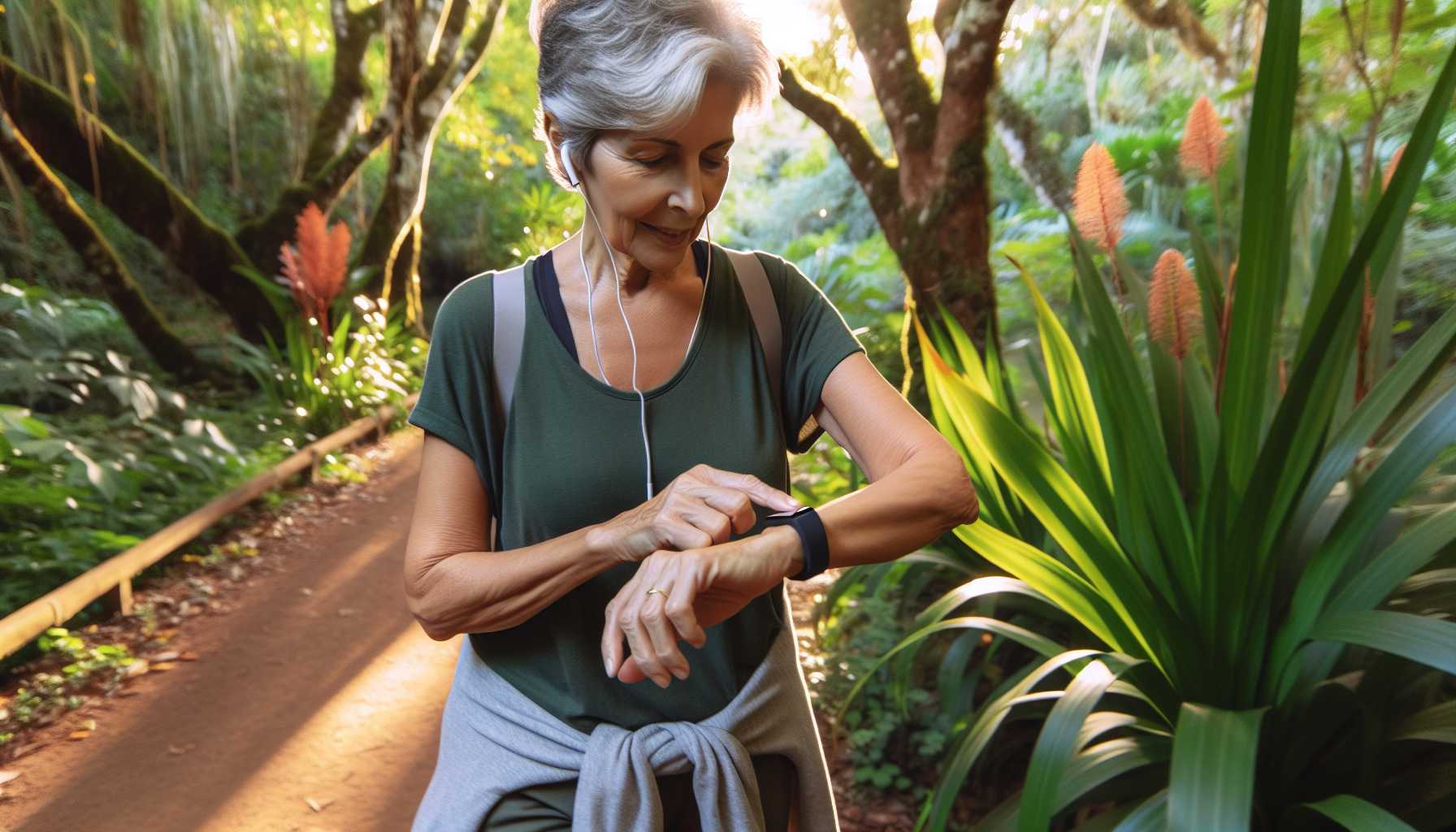 An elderly woman in Brazil using a fitness tracker while walking in a park