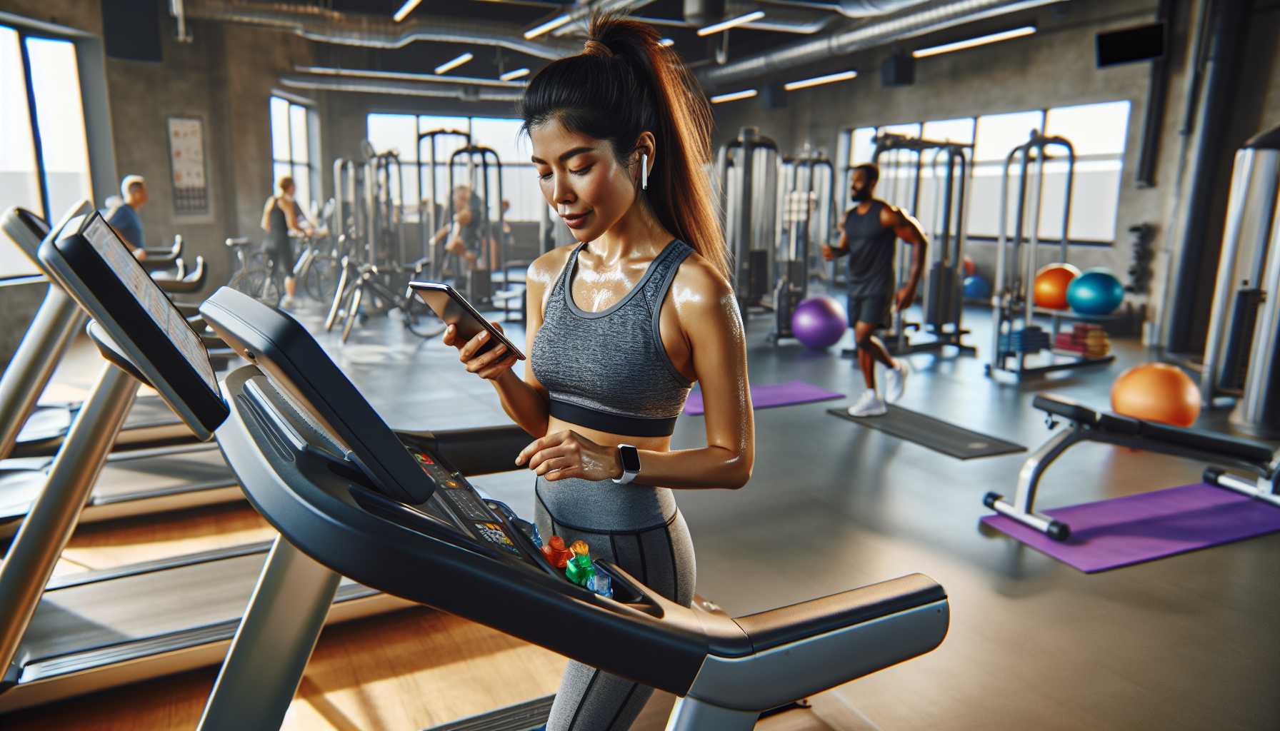 A person using a fitness app on their smartphone while working out at the gym.