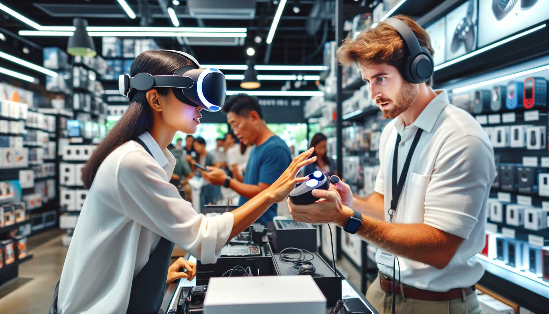 A person using a VR headset to demonstrate a product to a customer in a store