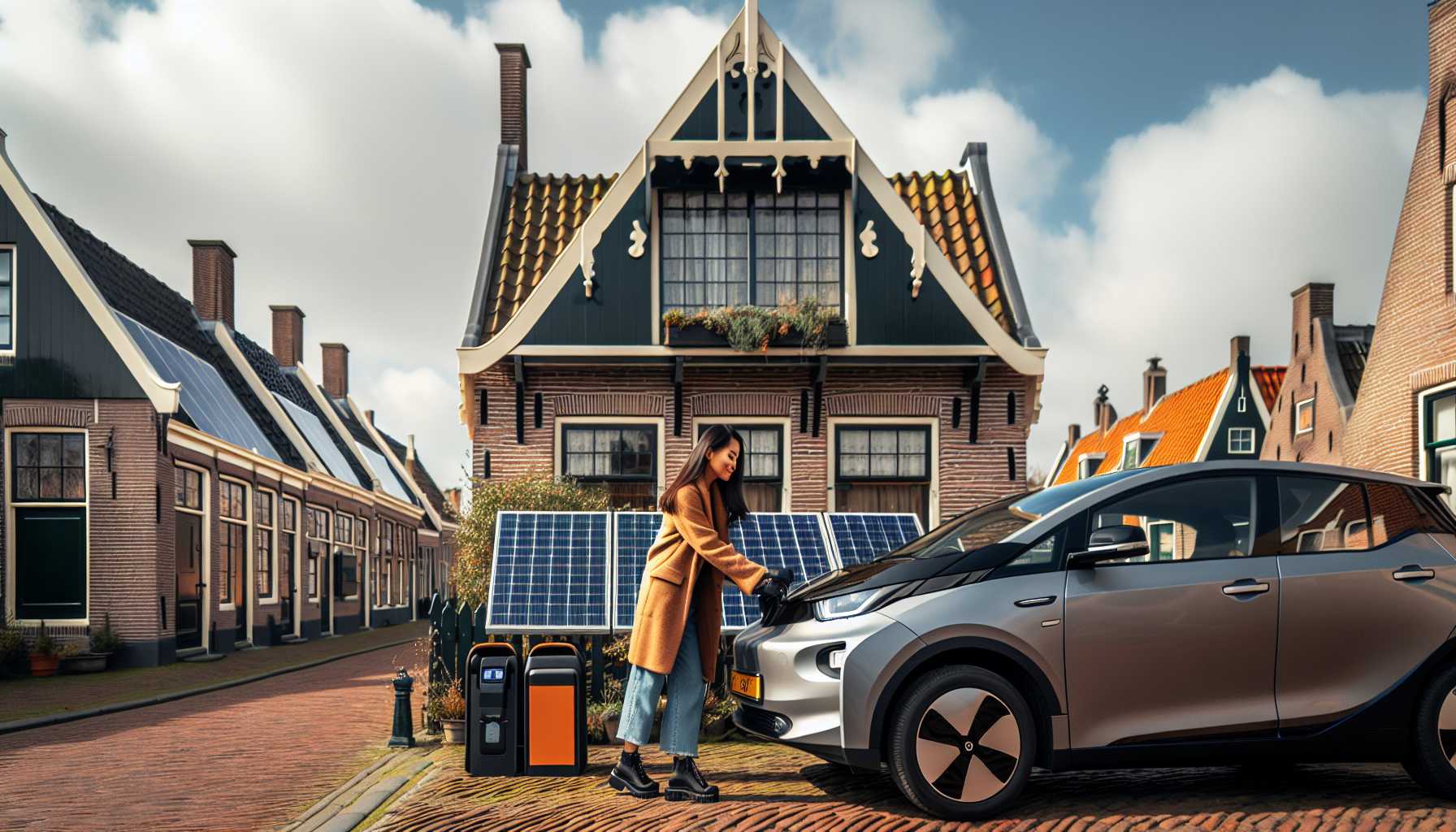 A person in the Netherlands using a sustainable technology, such as solar panels or an electric vehicle.