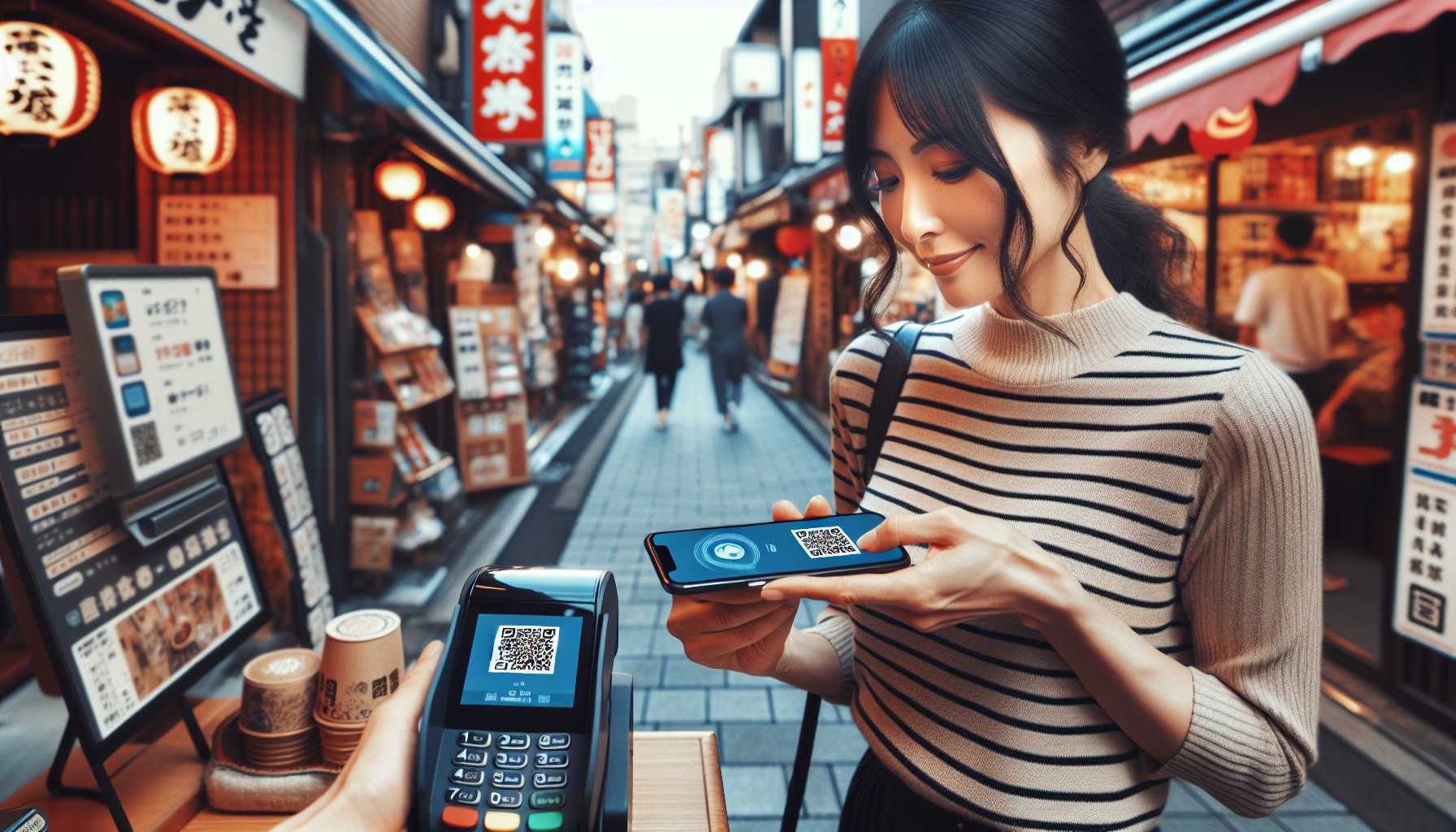 A person in Japan using their phone to pay for something with a QR code.