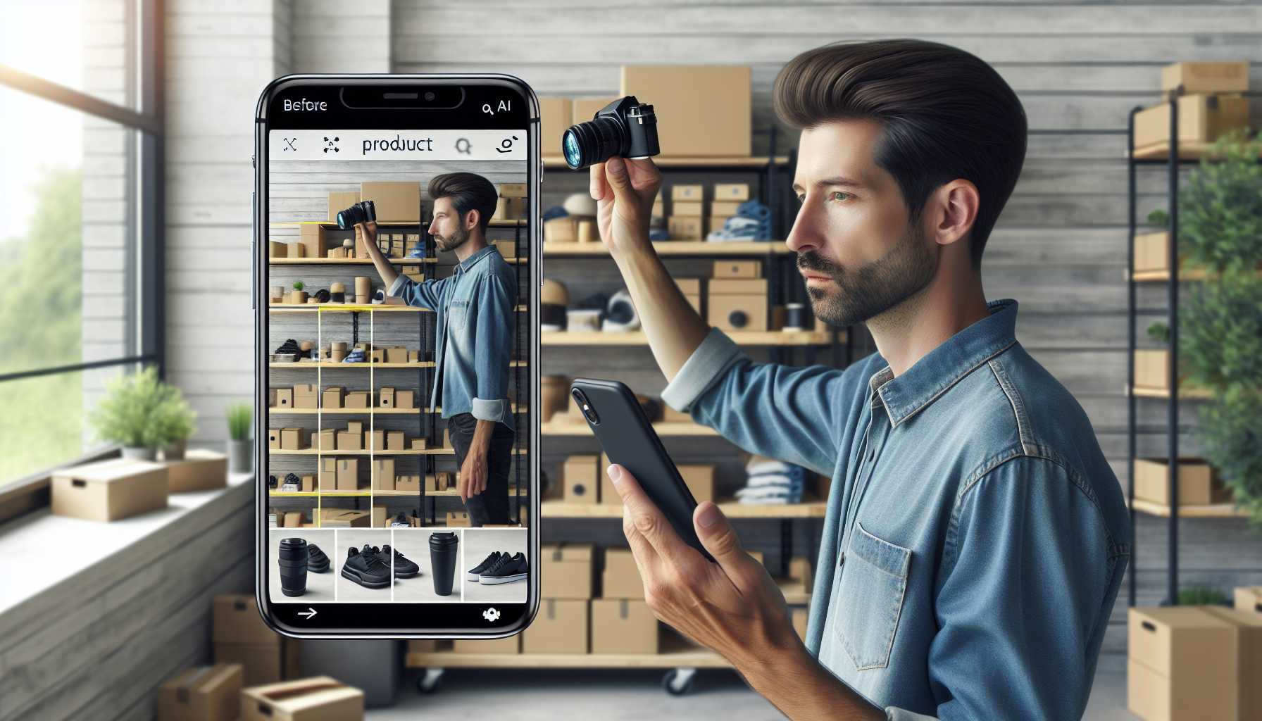 An eBay seller using an AI tool to enhance product images on a smartphone