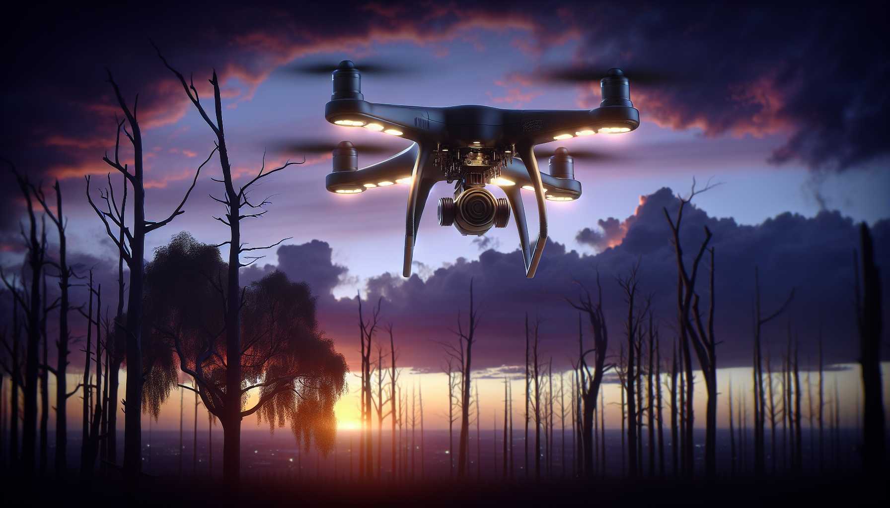 an advanced drone performing a reconnaissance mission at dusk