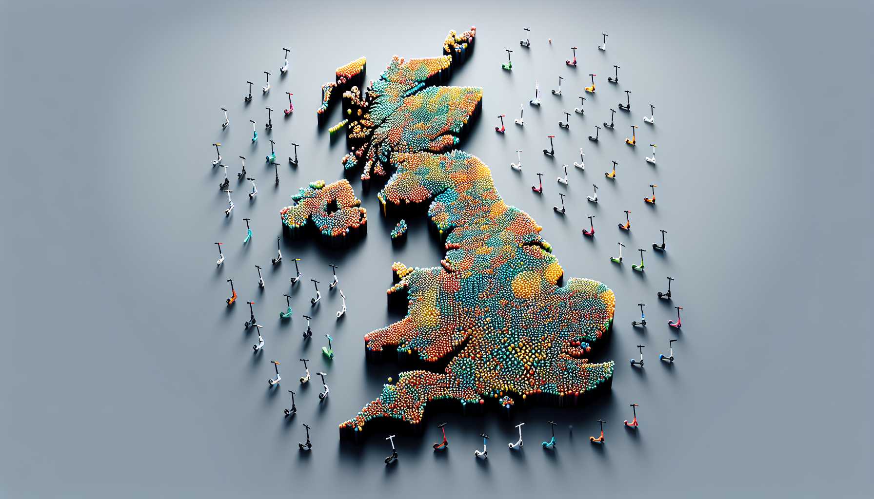 A map of the UK with different colored dots representing the number of electric scooters in each city.